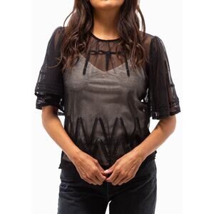 St. Roche Blythe Top Embroidered Mesh Short Sleeves Sheer Black Size 2 NEW